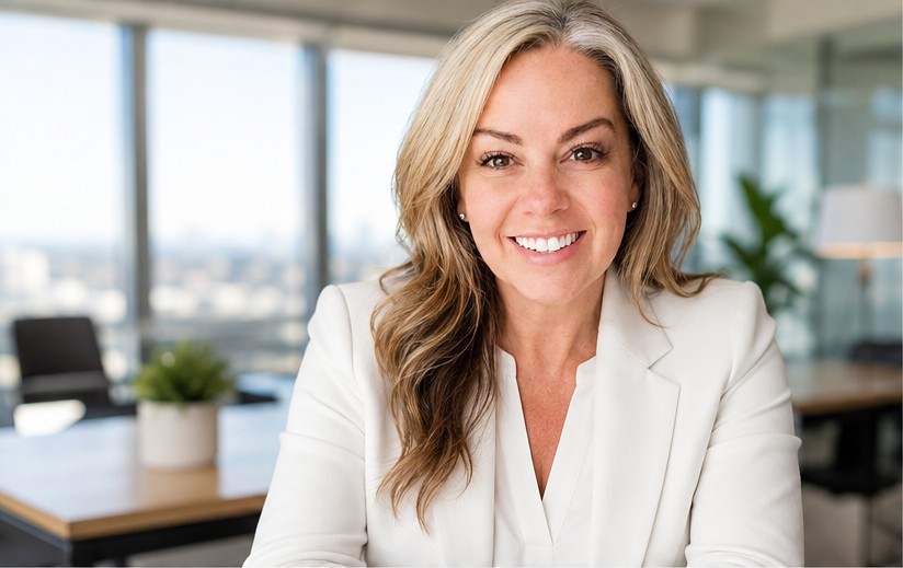 professional woman in white blazer in a bright office setting
